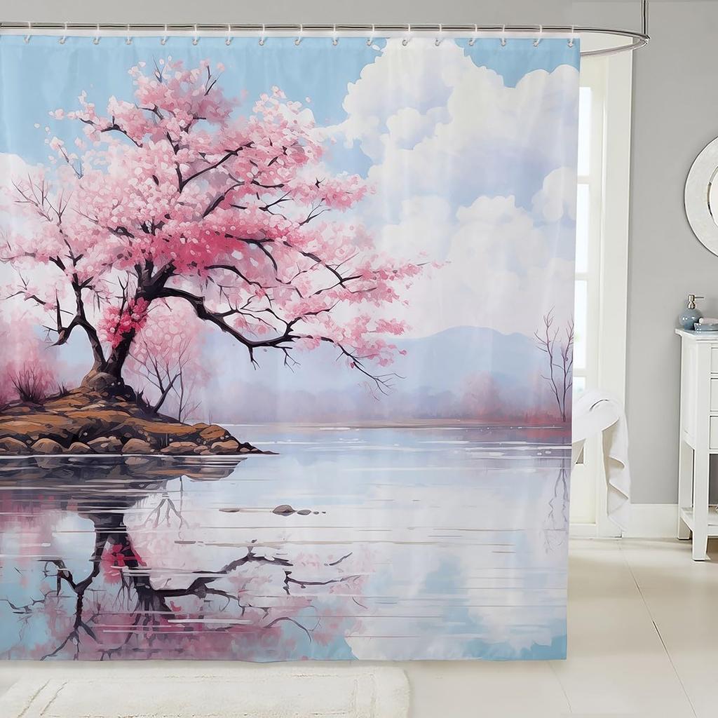 Japanese Style Shower Curtain,Red Cherry Blossom Bathroom Curtain,Mount Fuji Train Print Waterproof Curtain Kids Girls Teens