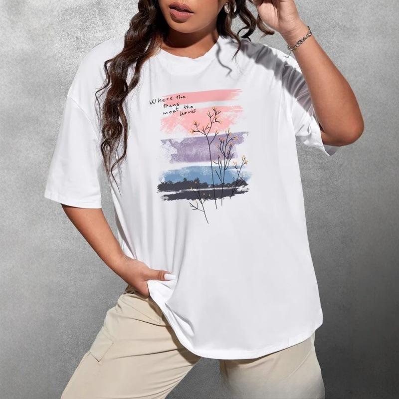 European and American cotton short-sleeve T-shirt, women s loose mid-length printed top, crew neck base layer S
