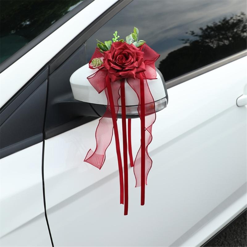 Ornement Floral pour Véhicule de Cérémonie avec Rubans de Roses Artificielles Longueurs pour Placement sur Miroir de Mariage et Accent de Voiture
