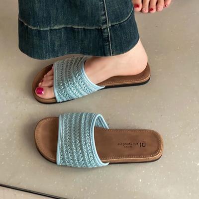 Flat Bottom Woven Hollow One-word Slippers Women's Summer Wear 2025 New Bohemian Vacation Travel Cool Slippers Women