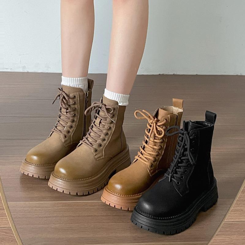 Mode Mode Damen Komfortstiefel mit dicker Sohle Vielseitige Plateau-Kurzstiefel für Herbst Winter Damenschuhe Retro Schnür-Botines