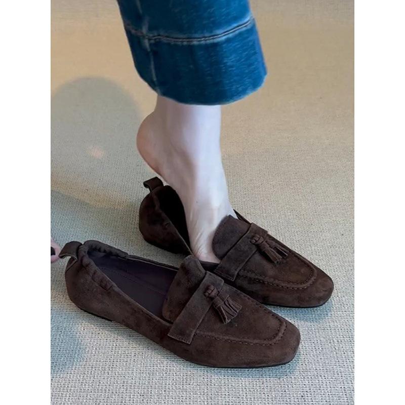Sheepskin version~ genuine leather retro square head fringed one-pedal loafers women's commuting versatile flat-soled small leather shoes single shoes