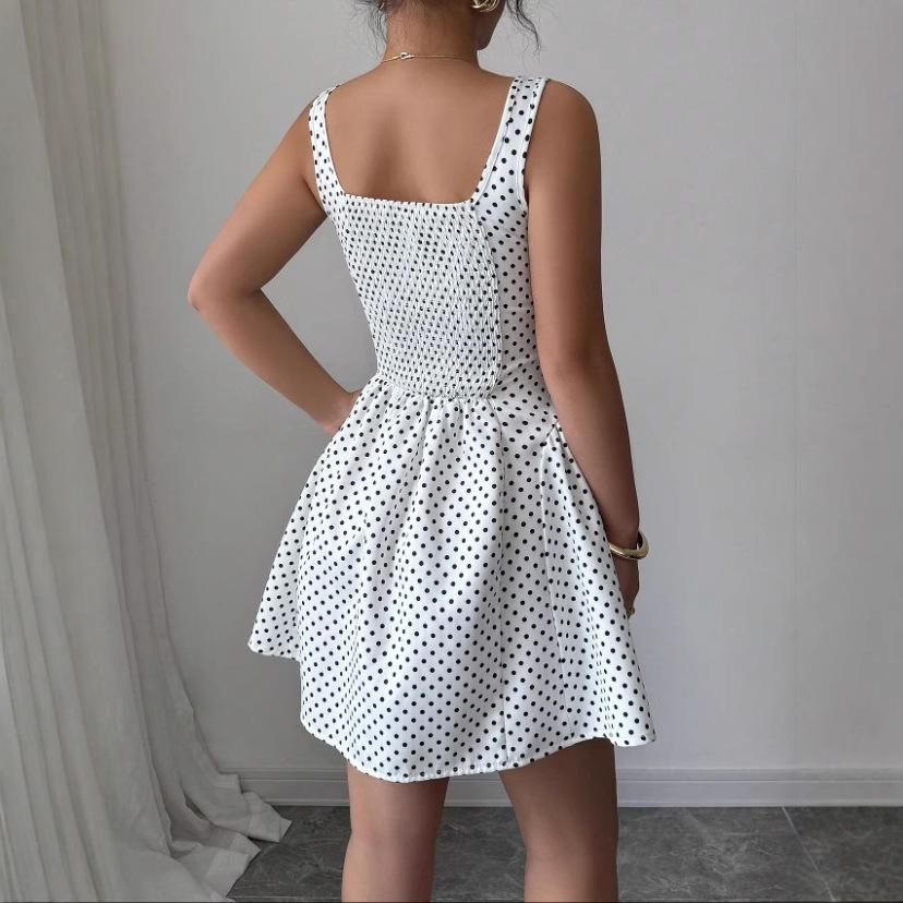 Summer Women's Polka Dot Print Mini Dress Fashion Square Collar Bohemia Bodycon Dress Sleeveless A-line Sexy White Tank Dresses