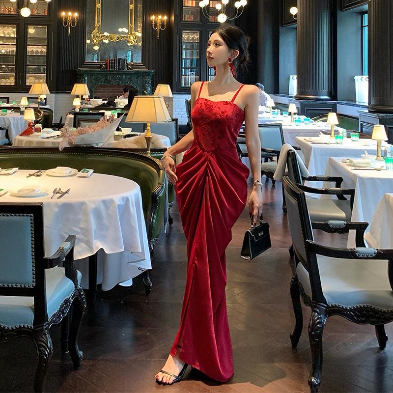 Новое элегантное платье-комбинация в китайском стиле, ретро, жаккардовый атлас, красное, для помолвки, ежегодного собрания S красный