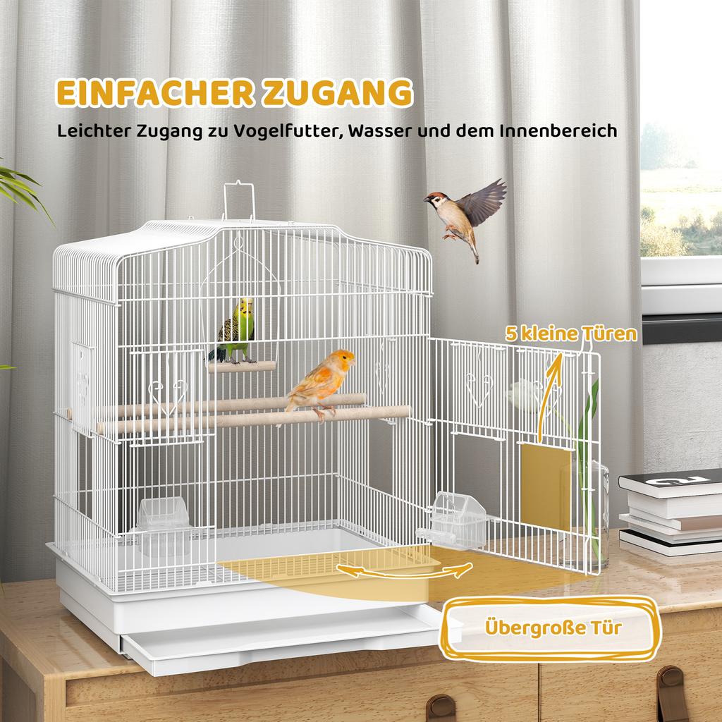 Large Metal Bird Cage with Perches, Food Bowls, Swing, for Budgies, Parakeets, White