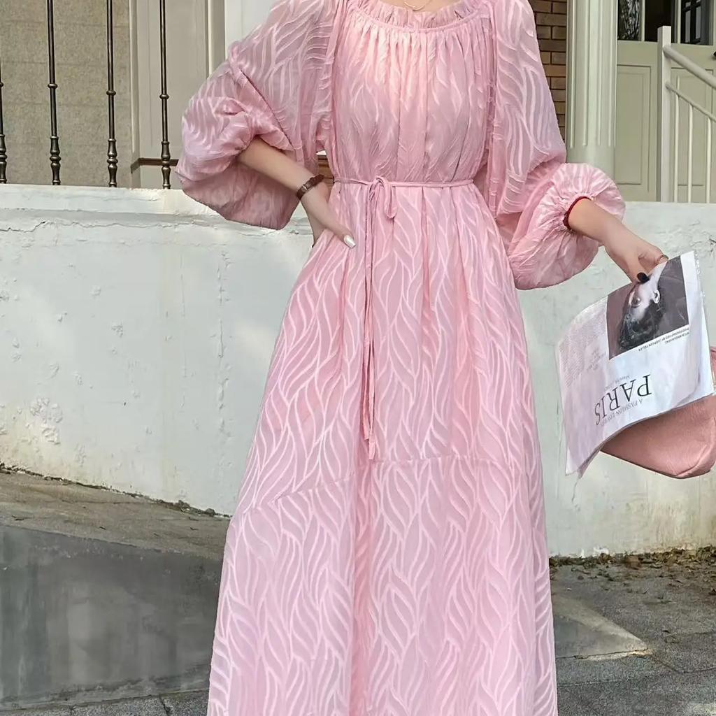Spring Pink Dress Women Off Shoulder Fashion Long Sleeve Ladies Dresses Korean Style Loose Pleated Ruffle Woman Long Dress