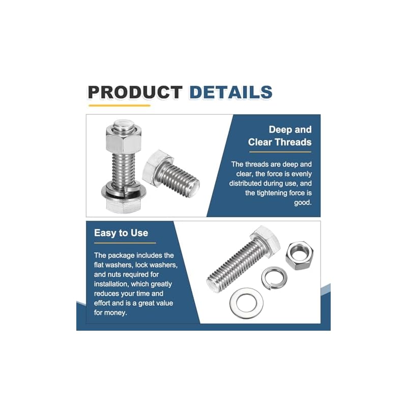 uxcell Hex Bolts M6 x 20mm 304 Stainless Steel Bolt, Nut, Washer Set, Hex Screw Set, Fully Threaded, 8 Sets