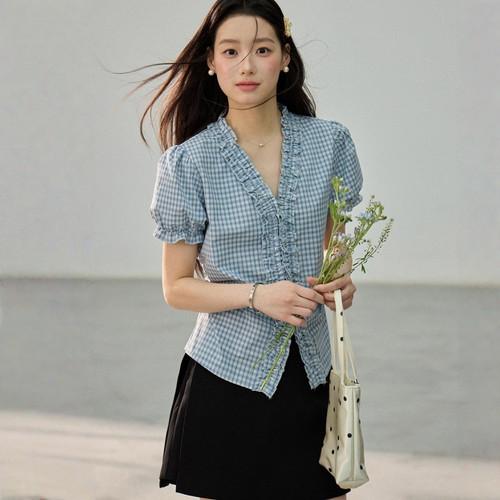 Lamodeumaki Vintage Blue Ruffle Puff Check Shirt