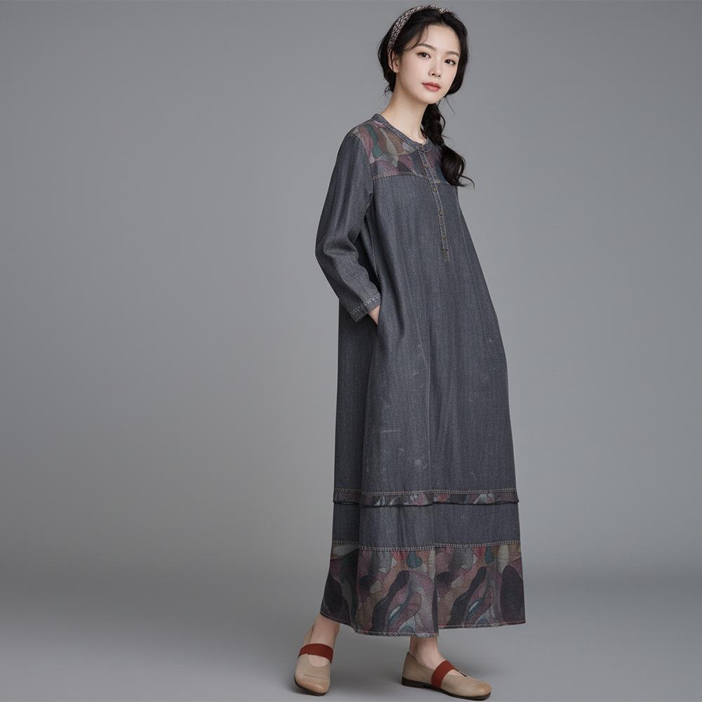 Johnature Women Vintage Dress Spring O-Neck Long Sleeve Robes Patchwork Print Floral Loose Dresses