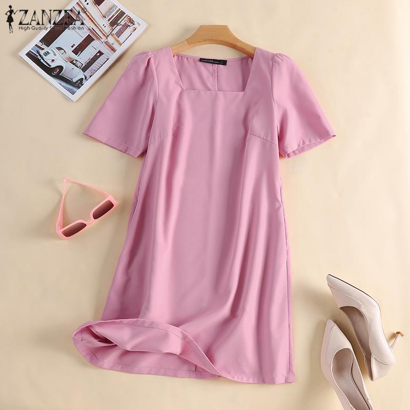 

ZANZEA Женское повседневное летнее платье с квадратным воротником и короткими рукавами 4XL бежевый