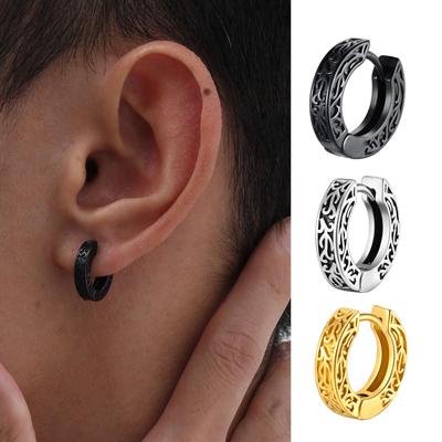 Totem Hoop Earrings for Men Teens,Black Anit Allergy Stainless Steel Huggies Earrings,Rock Punk Ear Jewelry