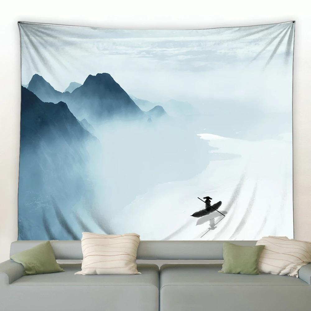 Китайский стиль Живопись тушью Горный пейзаж Гобелен Спальня Гостиная Гобелен Украшение — фото 5