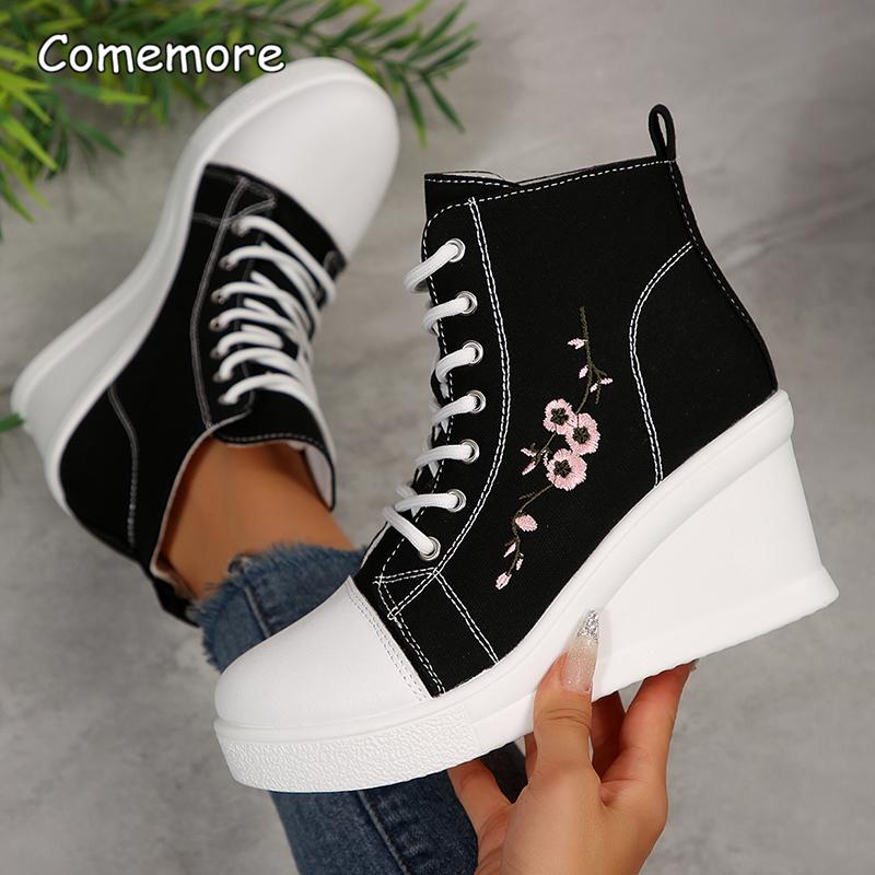 Floral Embroidered Wedge Woven Shoes for Women Autumn Lace Up High Top Casual Shoes Woman Size36-42 Fashion Platform Pumps