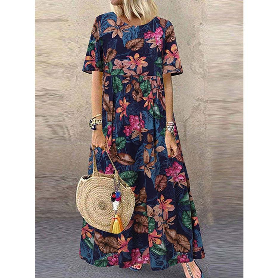 Damenmode Sommer Frühling Blumendruck Kurzarm O-Ausschnitt Hohe Taille Freizeitkleider