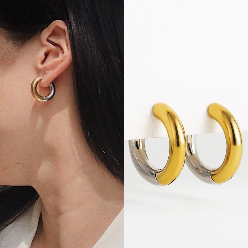 Punk Two Colors Stainless Steel Round Ring Huggies Earrings for Women Gold Plated Circle Hoop Ear Buckles Classic Solid Jewelry