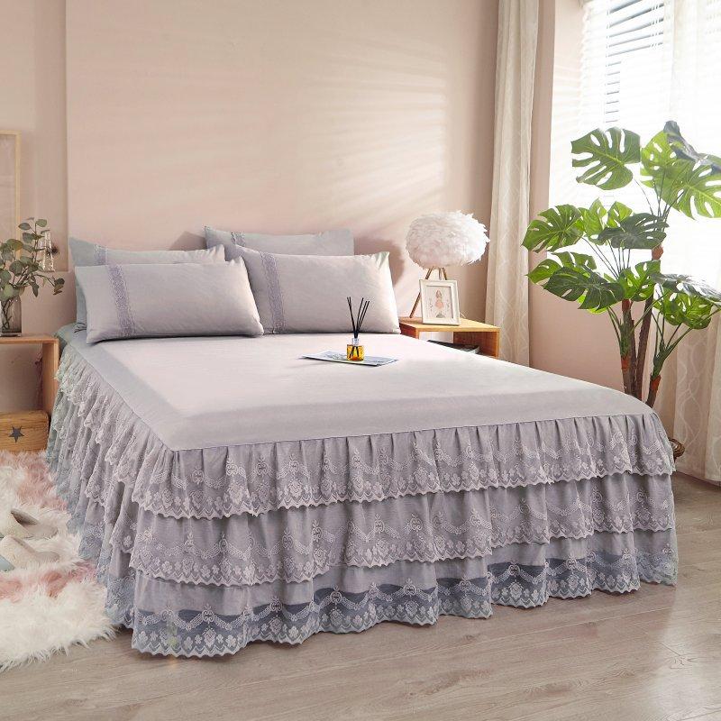 3pcs Double-Layer Lace Edge Sanded Solid Color Light Luxury Gray Bed Skirt Three-Piece Set 1Ps Bed Skirt + 2pcs Pillowcase