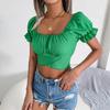 GMXIA Women's Fashion Casual Solid Color Print Short Sleeve Square Collar Blouses & Shirts Slim Lace-up Chiffon Crop Top