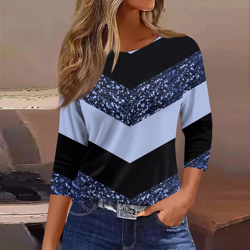 Women's Fashionable Casual Round Neck T-Shirt With Striped Patchwork Print And Three-Quarter Sleeves