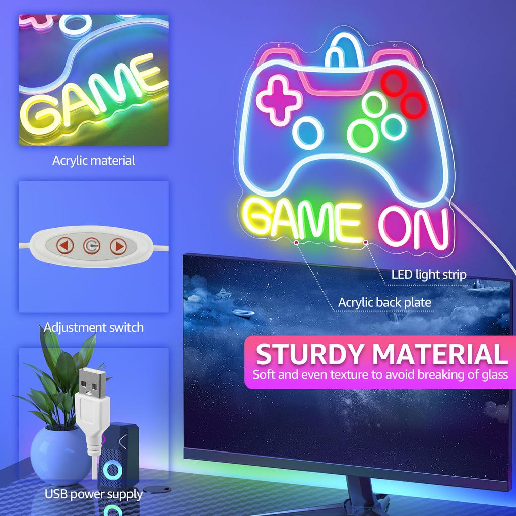 Dimmable Game On Neon Sign with 10 Brightness Levels USB Powered Neon Controller Sign Game Room Decor for Teenage Boys Kids