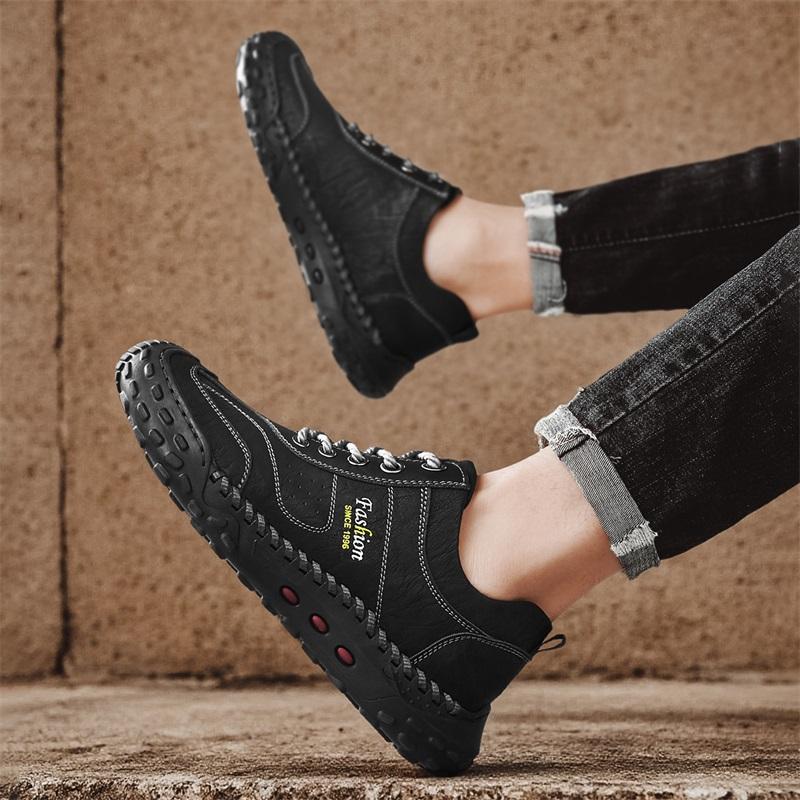 Fashion Men's Leather Casual Sneakers Handmade Breathable Shoes Soft Low-top Working Shoes