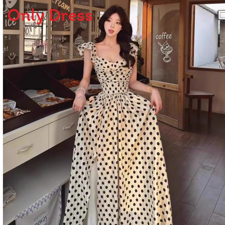 Polyester French Polka Dot Dress For Summer Beach Vacation With Short Princess Sleeves And Slim Fit
