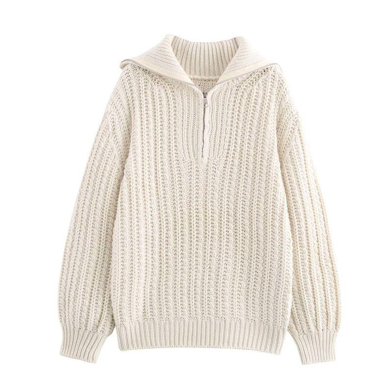 

Kaslead New Arrival Women s Clothing Fashion Style Fashion Thick Needle Loose Half Zipper and Lapel Knitted Pullover Sweater Beige One size