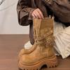 Neue britische Martin-Stiefel Damen Mid-Tube Ritterstiefel Dicksohlige Herbst Erhöhungsstiefel Lokomotiv-Gürtelschnalle 2025