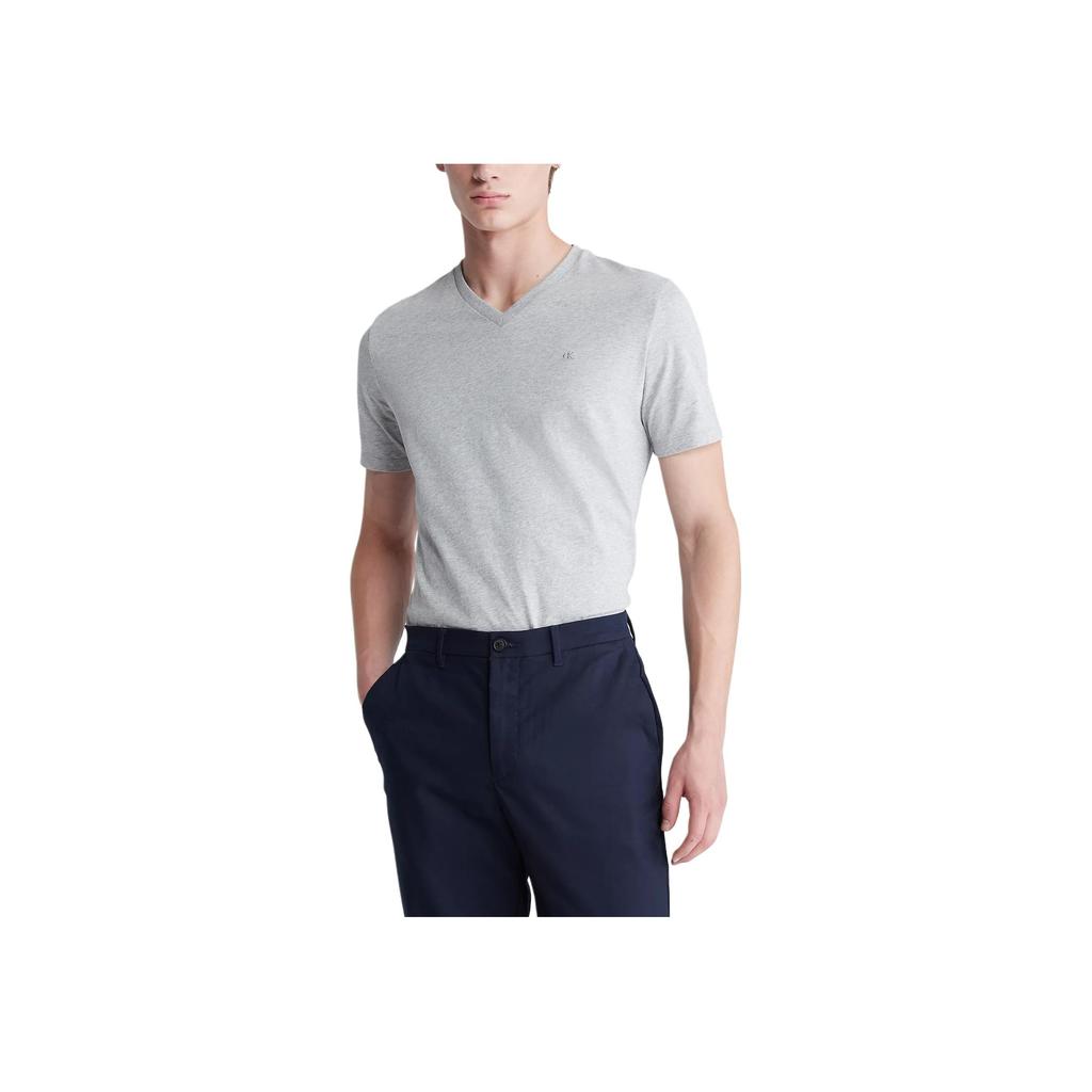 Calvin Klein Embroidered Logo Solid V-Neck Short Sleeve T-Shirt Men Tops Gray 40HM298-031
