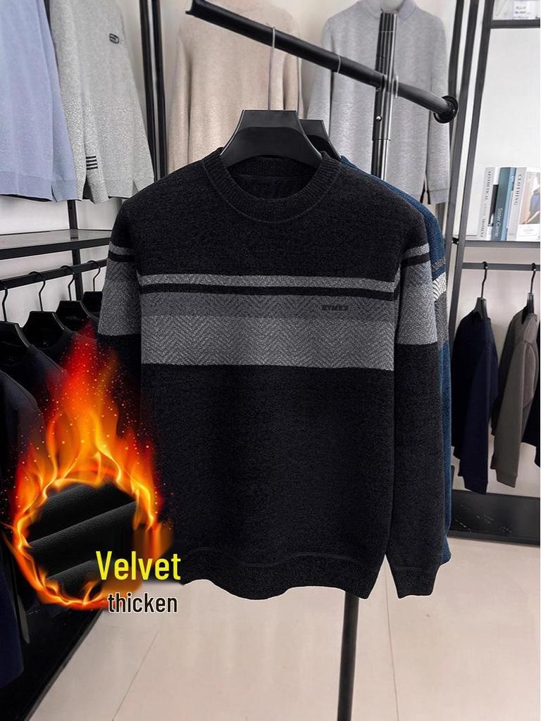 Winter Men's Plus Velvet Striped Round Neck Knit Sweater: Thick, Casual, Fashionable Trend.