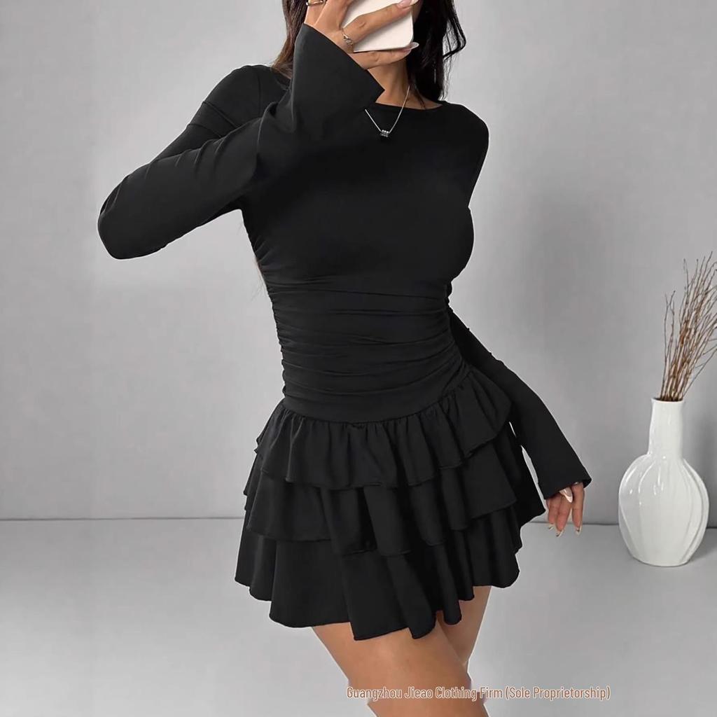 2026 Spring/Summer Slim Fit Solid Color Long Sleeve Dress - Women's Fashion