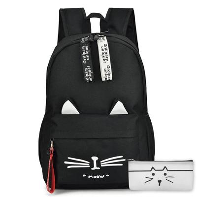 RERACO Cat Cat Cat Large Cat Ear Face Kids Backpack, Black, Ears, Print, Capacity, Lightweight, Pattern, Design, Girls, (Black)