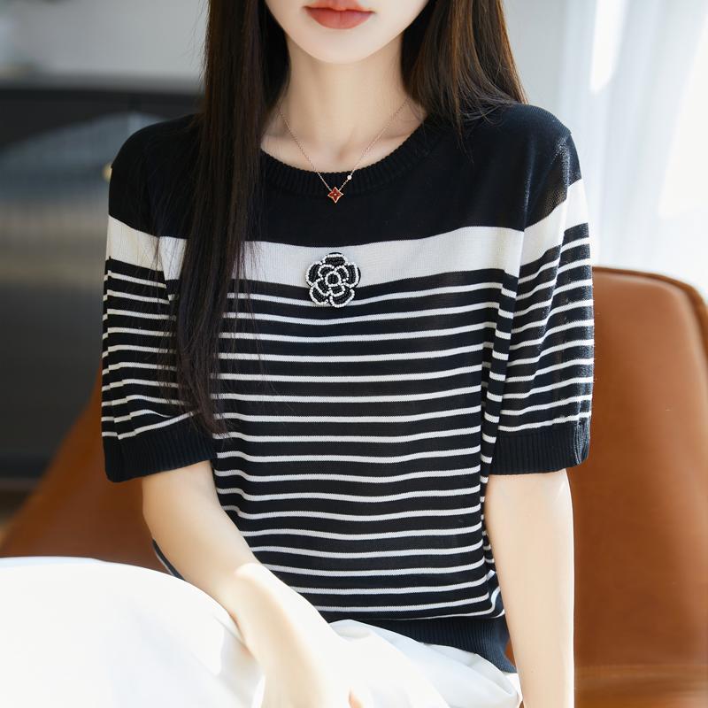Women Knit T-shirt MODERN NEW SAGA Summer Knitted Shirt Short Sleeve Tees O-neck Patchwork Pullover Knit Tops