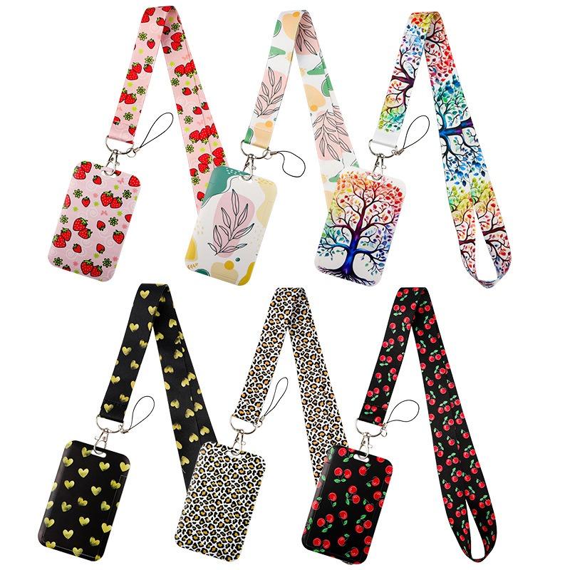 Leopard Print Heart-shaped Strawberry Mobile Phone Lanyard, Bus Card, Student Card, Work Certificate Hard Shell Multi-functional Card Case Lanyard