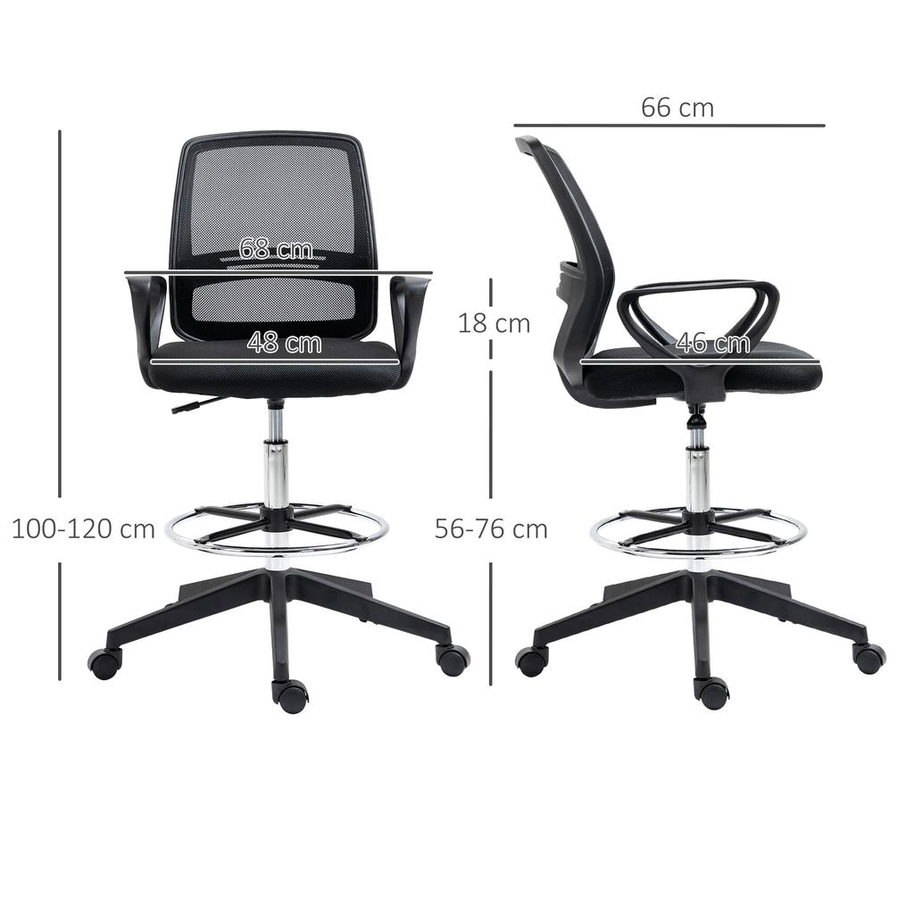 Drafting Chair, Ergonomic Tall Office Chair with Mesh Back, Lumbar Support, Adjustable Height and Foot Ring, Swivel Wheels, for Standing Desk, Black