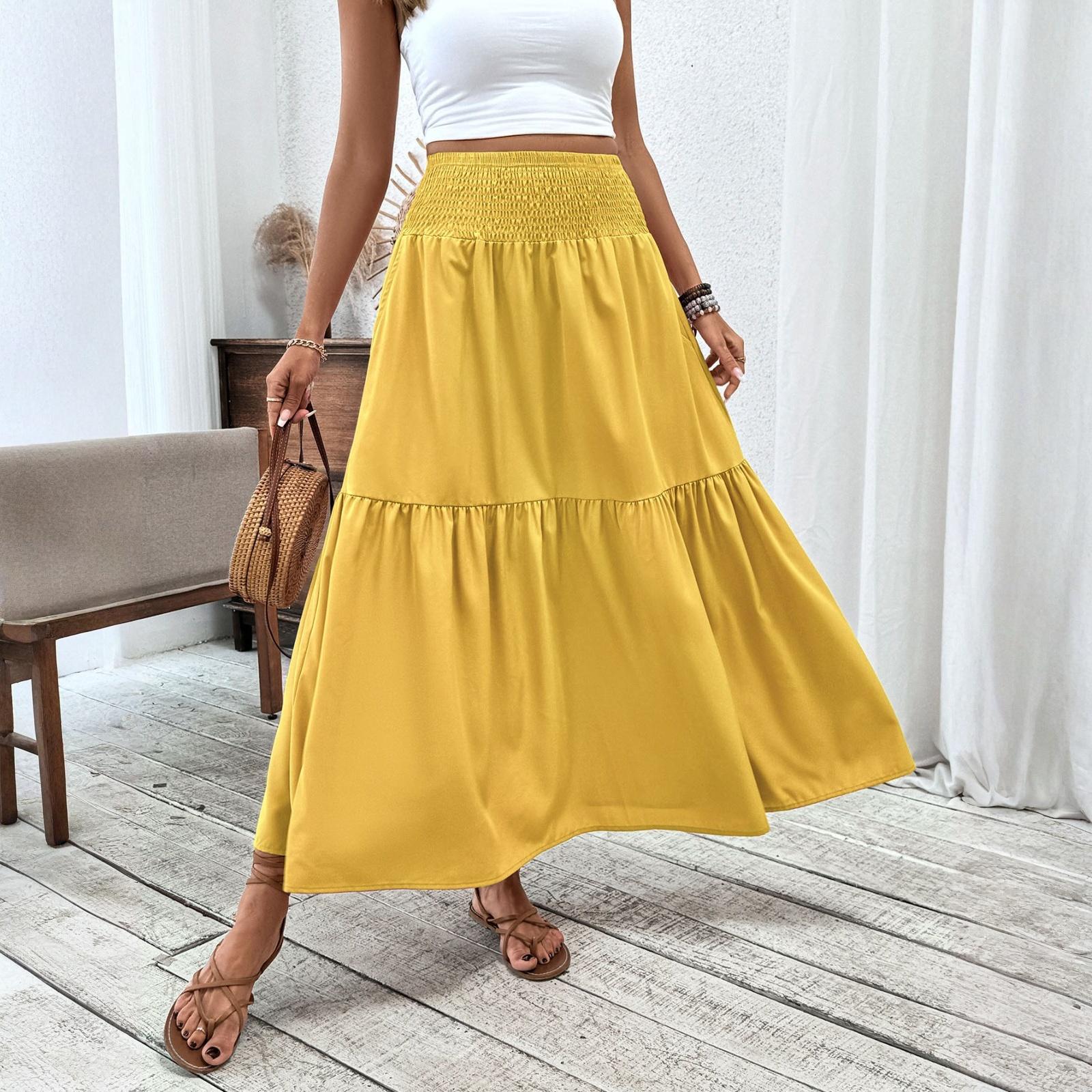 

Женская модная плиссированная юбка с цветочным принтом и эластичным поясом, свободная юбка-трапеция с карманом S жёлтый