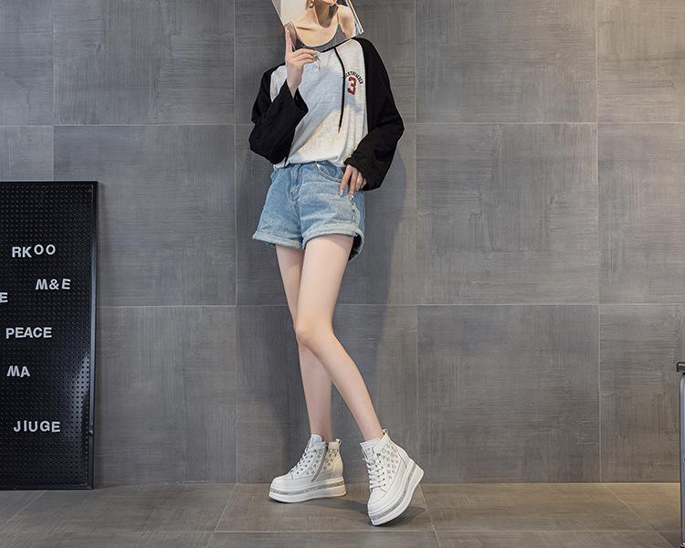 Women's White Rhinestone Print Height-Boosting Platform Sneakers