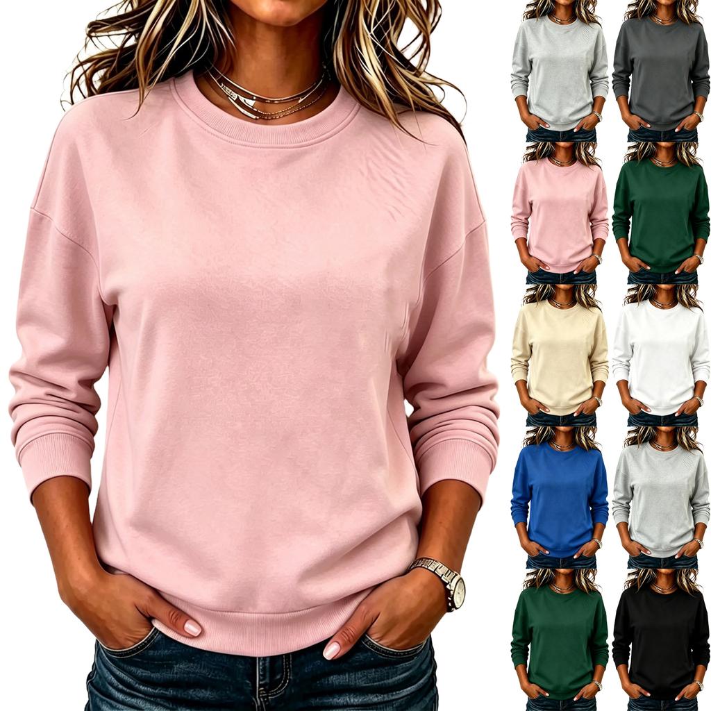 Women's Fashion Long Sleeve Pullover Sweatshirt Crew Neck Solid Color Casual Lightweight Soft Fabric Top for Everyday Wear