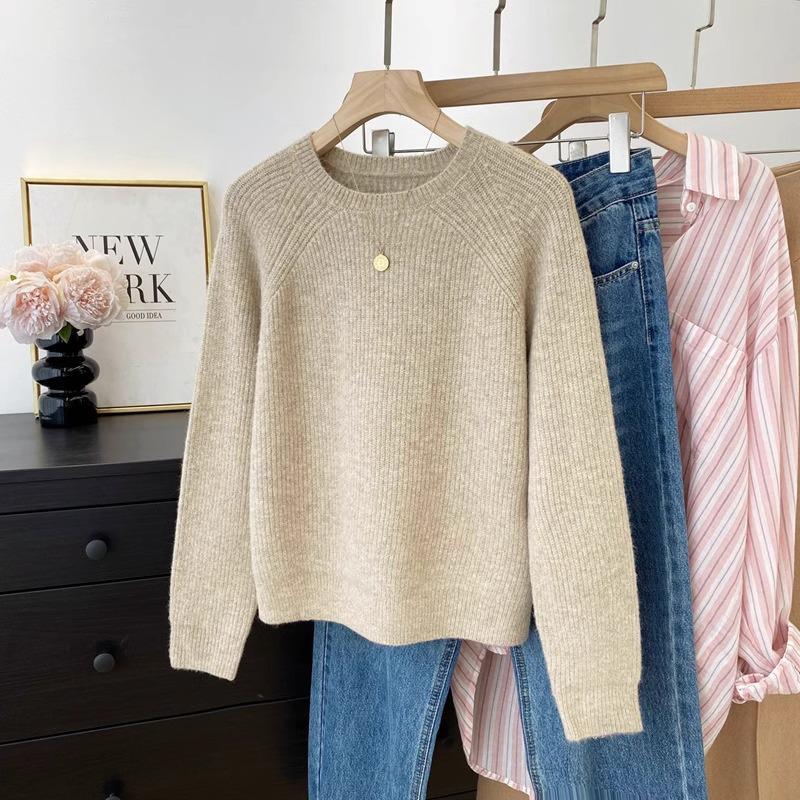 Damen Raglanärmel Rundhals Strickware - 2025 Herbst/Winter Layering Pullover, Lässiger Stil Top