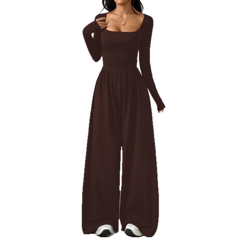 Long Sleeve Square Neck Solid Color Wide Leg Casual Jumpsuit