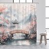 Japanese Style Shower Curtain Pink Cherry Blossom Floral White Crane Mountain Koi Carp Ink Scenery Modern Bathroom Curtain Decor