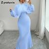 Women's Elegant Stand Collar Mesh Lace Crushed Diamond Long Sleeve Ruched Waist Tailored Evening Gown Dress
