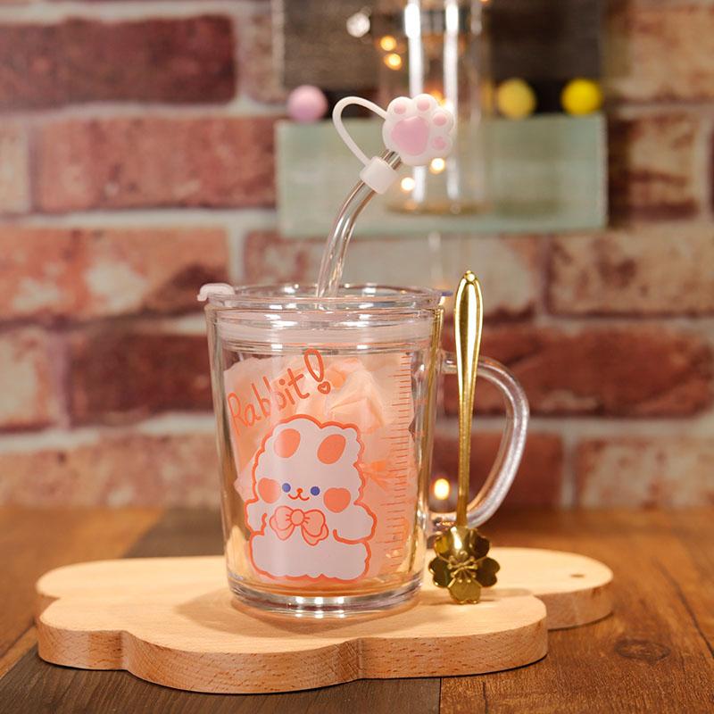 Children's Heat-Resistant Cute Cartoon Straw Glass Cup with Handle and Measurement Scale