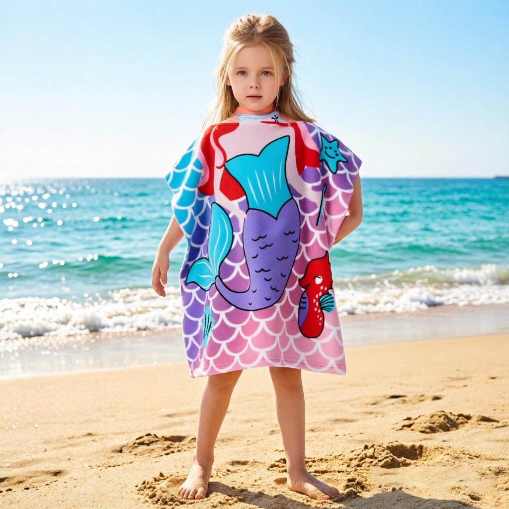 Ultra-Fine Fiber Cartoon Print Kids' Hooded Bath Towel Poncho