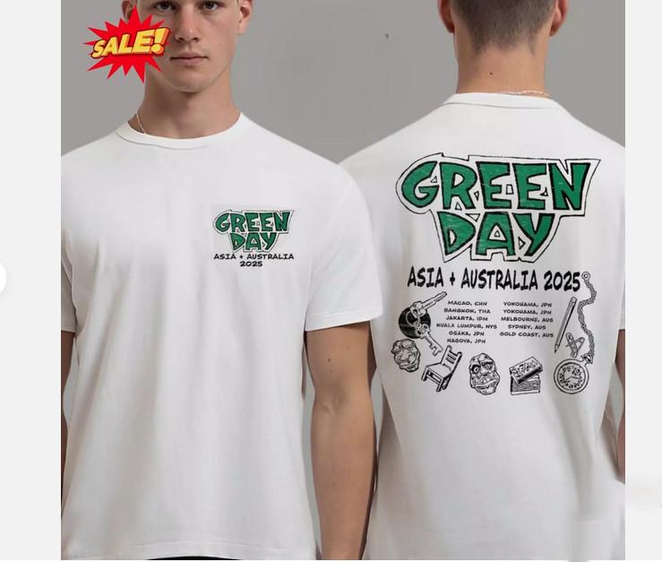 

Футболка с логотипом тура Green Day по Азии и Австралии 2025 года и датами тура S