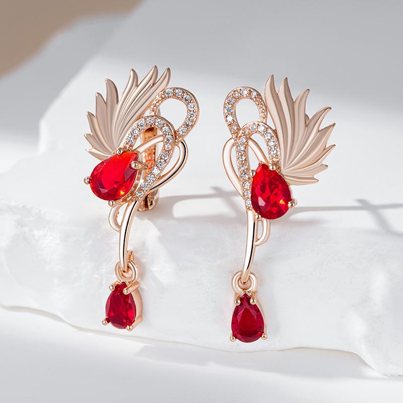 Shiny Red Natural Zircon Long Drop Earrings Women Fashion  Rose Gold Color High Quality Daily Fine Vintage Jewelry