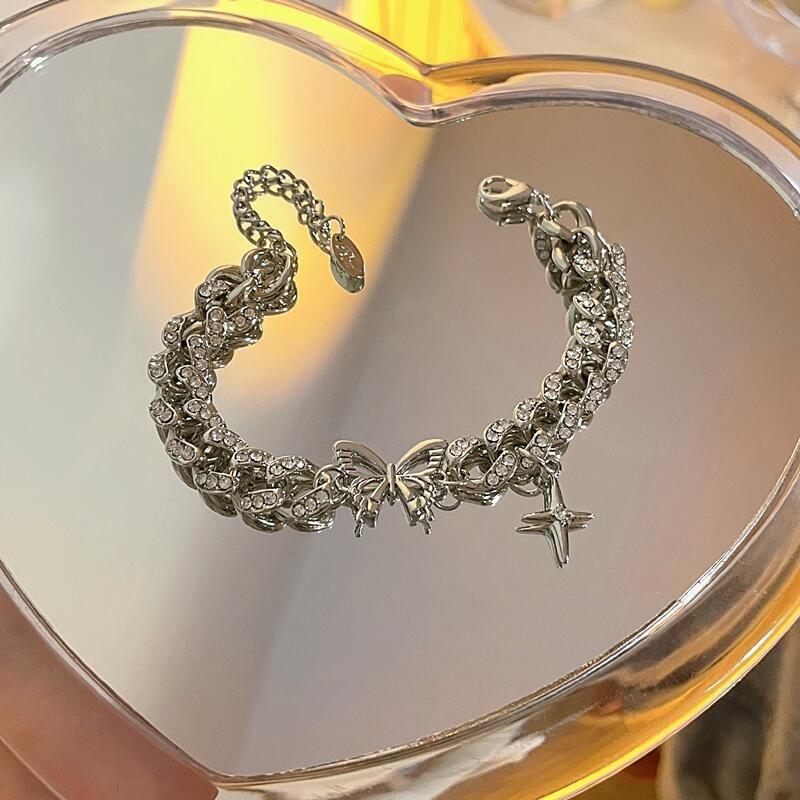 Women Exaggerated Fashion Personality Rhinestone Butterfly Cross Bracelet Hand Jewelry