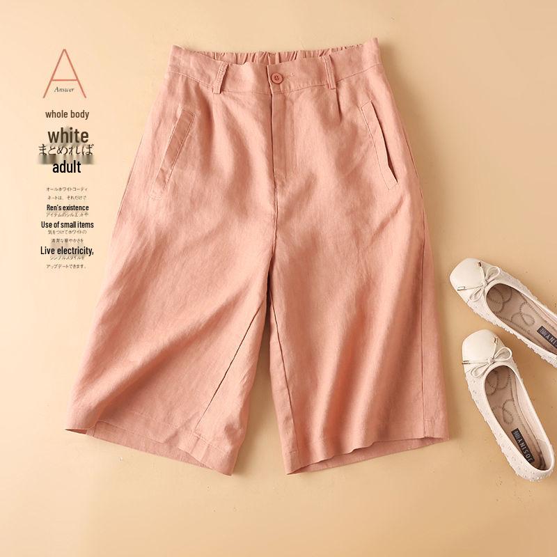 Women's Cotton Linen High Waist Wide-Leg Shorts - Summer Semi-Elastic Casual Five-Point Pants