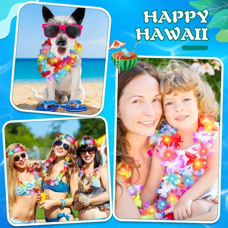 10Pcs LED Hawaiian Leis Light up Flower Leis Necklace Luau Flowers Wreath Garlands Beach Wedding Tropical Themed Party Supplies