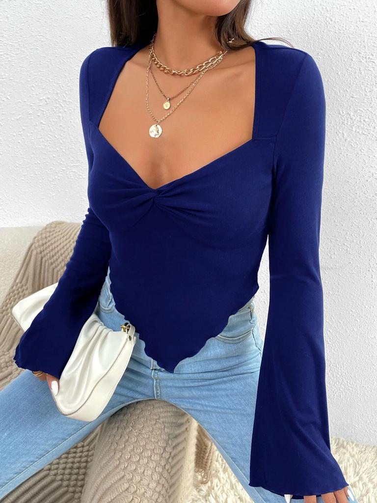 T-shirt Vacation V-neck Flared Sleeve Waisted Irregular Knit Long-sleeved T-shirt Tops