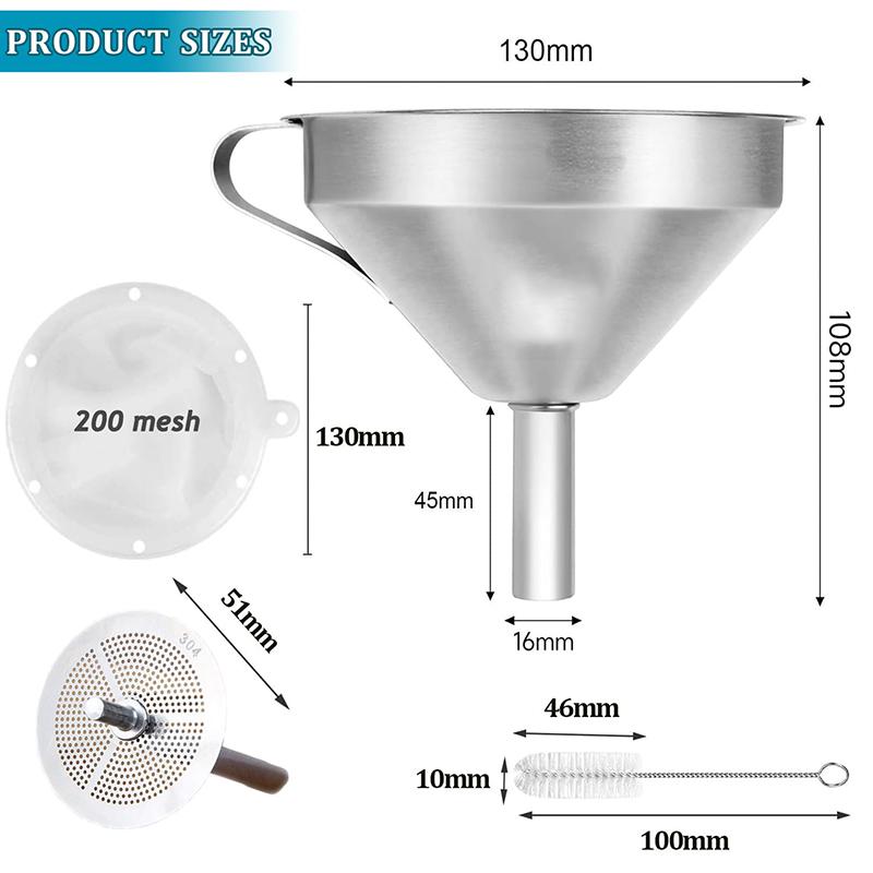 Stainless Steel Funnel Set with Handle Detachable Strainer and 200 Mesh Filter Kitchen Funnels Kit for Liquid Oils Powder Juice